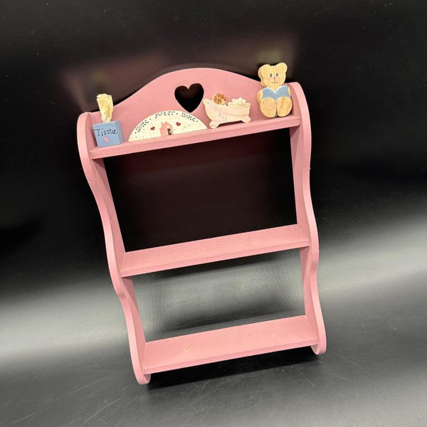 Vintage Pink Wooden Shelf Decor Heart Cutout Figurines Trinkets 1980s Retro