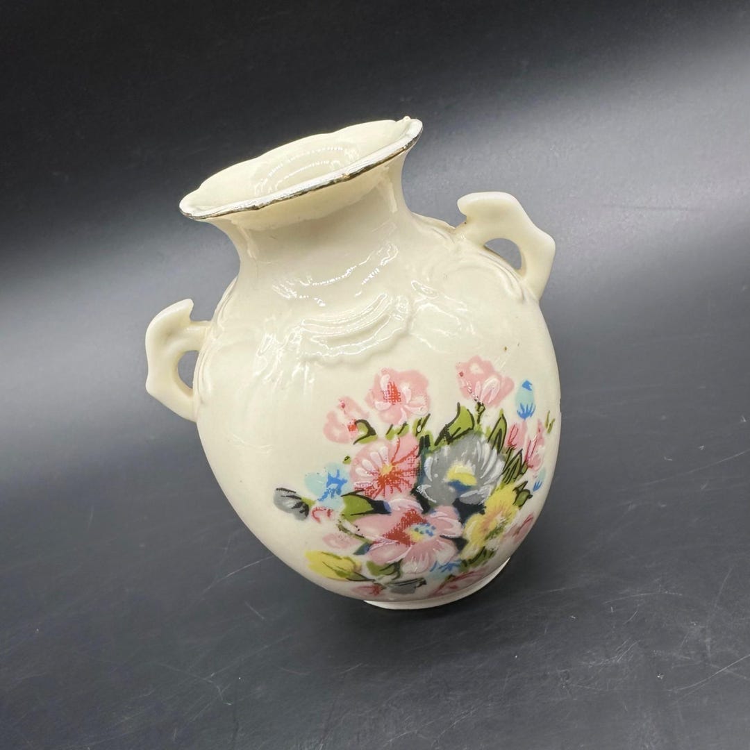 Vintage Floral Bud Vase Double Handles Pink Flowers Ceramic Decorative ...