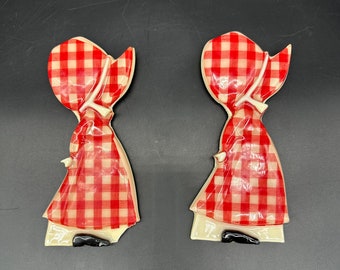 vintage Lucite Wall Hanging Plaques Red Gingham Bonnet Girls LIRE