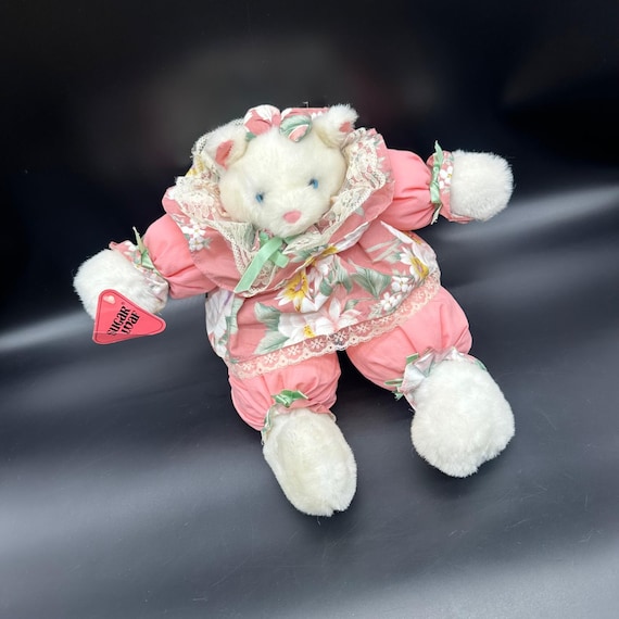 Vintage Bear Stuffed Animal Sugar Loaf White Plush Pink Floral
