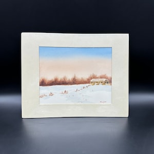 Winter Scene Art Print Matted H Rogers Barn Blue Sky Snow Country Farm Wall Decor