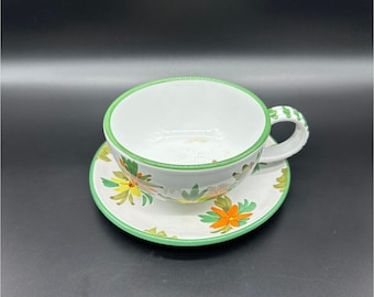 Vintage Italian Hand Painted Floral Cup Saucer Planter Green White Orange Italy Succulents
