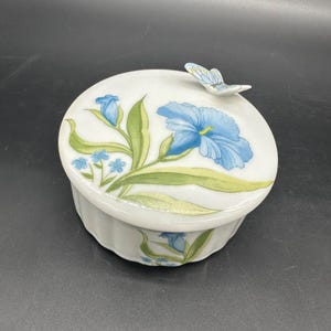 Vintage Trinket Box Blue Iris Flower Ceramic Japan Jewelry Holder Floral 1970s