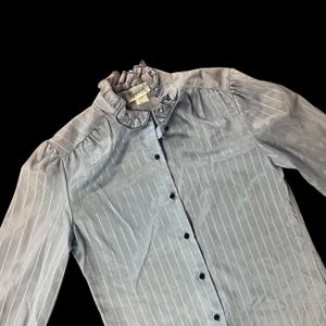 Vintage Button Up Blouse 1980s Medium Striped Ruffle Collar Long Sleeve AS IS Read