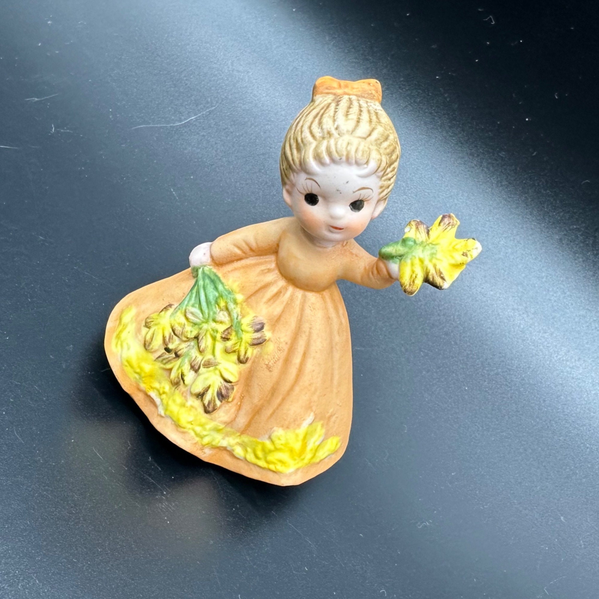 Vintage Girl Figurine George Good Josef 1974 Autumn Orange Yellow