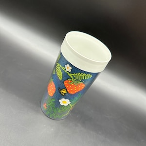 Vintage Tumbler Thermo Serv Insulated Cup USA Strawberry Bee Denim Embroidery