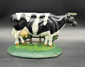 Vintage Cast Iron Doorstop Cow Farmhouse Decor Cottage Black White Pasture Metal