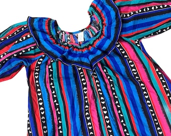 Vintage Striped Ruffle Dress Muumuu Cotton Pockets Made In USA Bright Petite