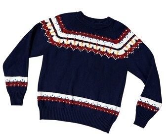 Suéter vintage para hombre, década de 1980, Robert Bruce, acrílico, azul marino, rojo, blanco, retro, mediano