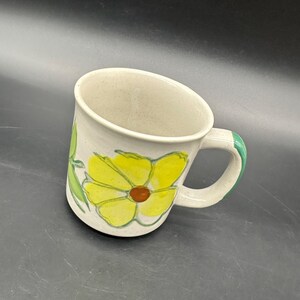 Vintage Stoneware Coffee Mug Hand Painted Daisy Floral Yellow Flower Retro Cup