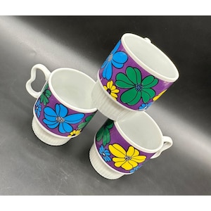 Vintage Coffee Mugs Flower Power Daisy Stacking Japan Mid Century Modern Cups