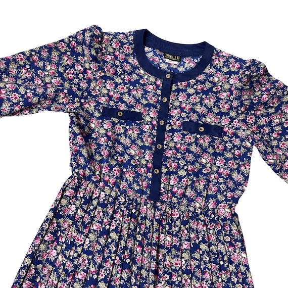 Vintage Floral Pleated Dress Navy Blue Pink Rose 80s Union Made USA Button  Front - Etsy Israel