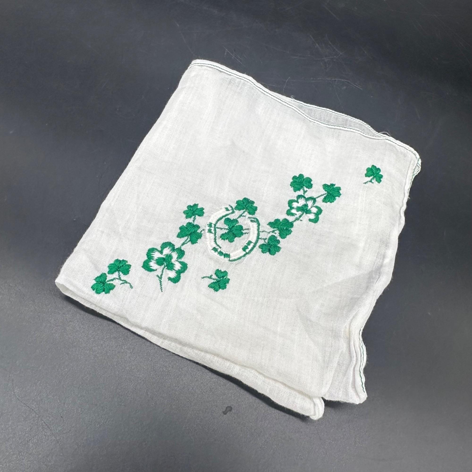 Vintage Handkerchief St Patricks Day Shamrock Lucky Horseshoe Cotton Hankie Green White