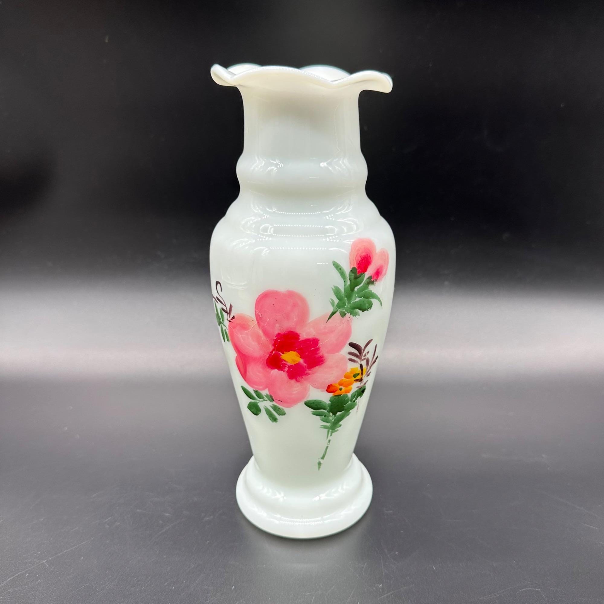 ヴィンテージ 吹きガラス 花瓶 手描き ピンク フラワー 花柄 フリル