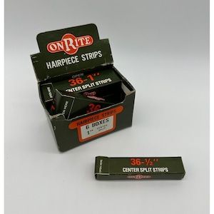 May include: A box of "ON RITE" hairpiece strips. The box is dark green with red and white text. The box contains smaller boxes of 36-1/2 inch center split strips. The box reads "6 boxes, 1 inch center split".