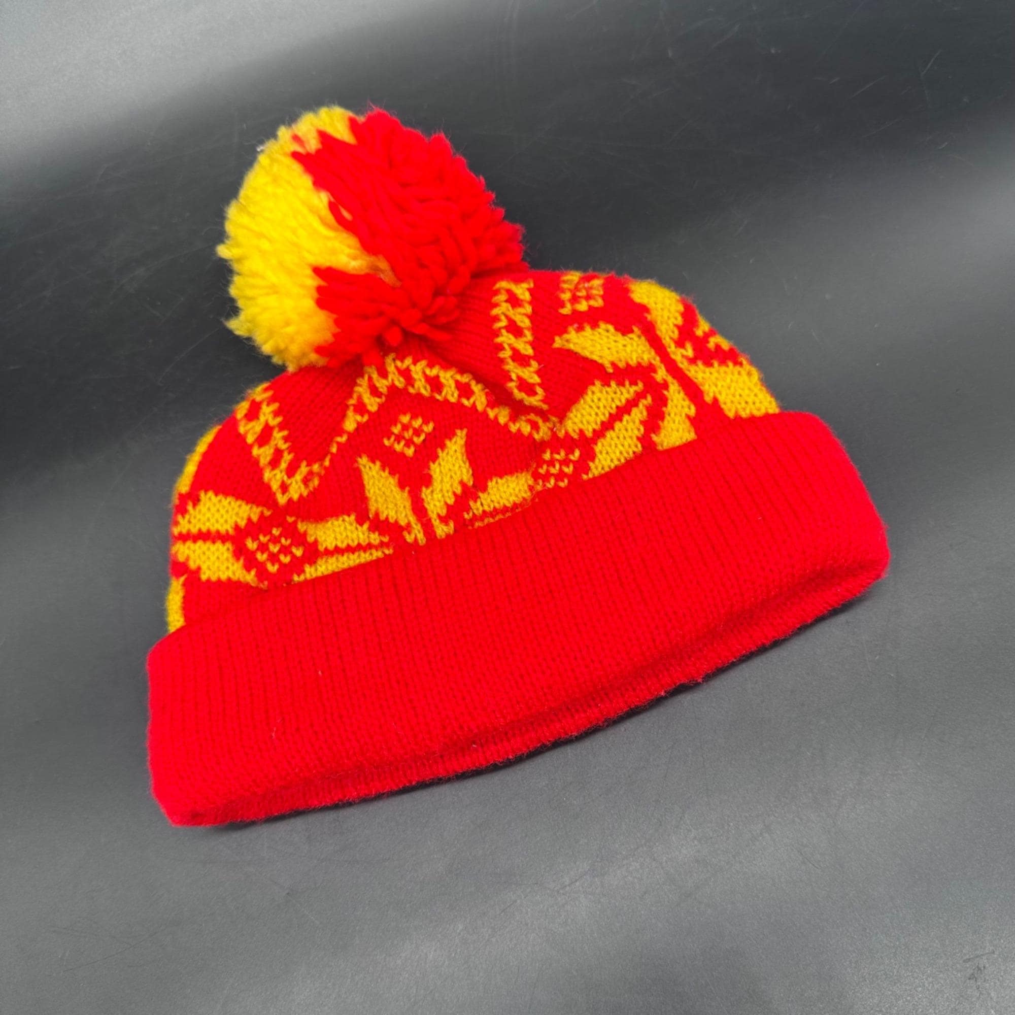 Vintage Beanie Sock Hat Winter Baby Toddler 80s Taiwan Snowflake Red Yellow Pom Pom