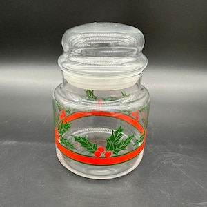 Vintage Christmas Jar Canister Candy Dish Glass Holly Berry Storage Container