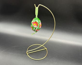 Vintage Wooden Easter Egg Ornament Hand Painted Floral Pink Green Ribbon Flowers