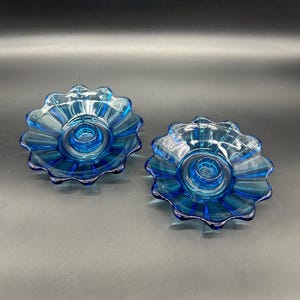 Vintage Fostoria Celestial Blue Glass Candle Holders 1960s MCM Decor Flower Pair