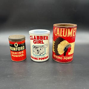 Vintage Baking Powder Tins Cans Rumford Clabber Girl Calumet Retro Kitchen Decor