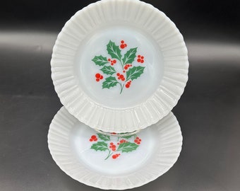Vintage Christmas Dishes Milk Glass Holly Berry Shallow Bowls Termocrisa Mexico