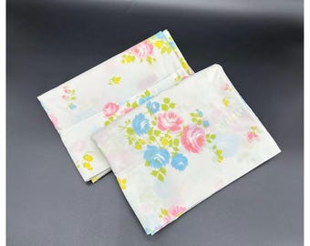 Vintage Pillowcases Floral 1970s Pink Blue Flowers Set of 2 Sears USA Retro Bedding