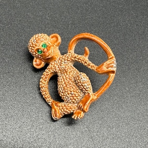 Vintage Monkey Brooch Pin Gerrys Brown Green Rhinestone Eyes Kitschy 1970s