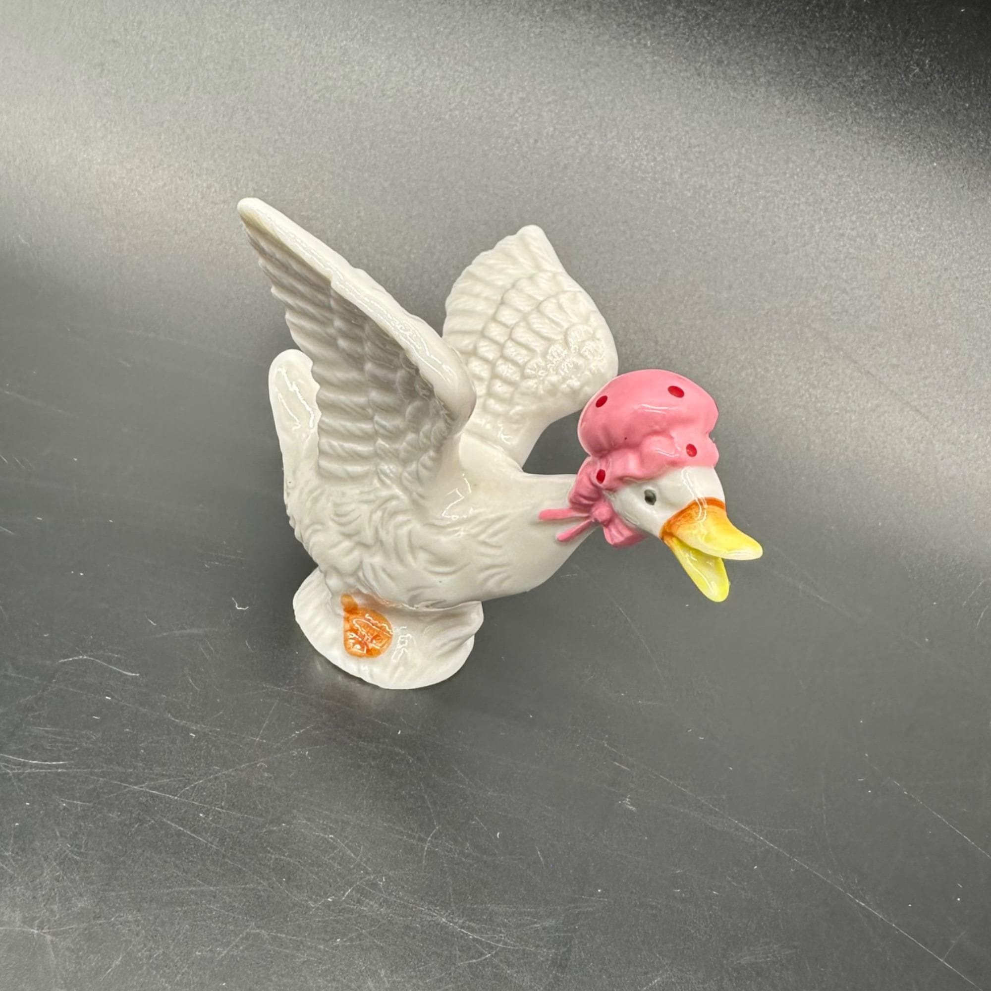 Vintage Bone China Goose Figurine Pink Bonnet Flying 1980s Italy Cottage Farm