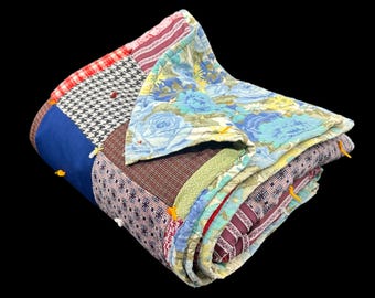 Vintage 1960s Handmade Patchwork Quilt Blanket Flower Power Backing Polyester