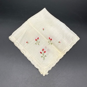 Vintage Embroidered Floral Handkerchief Lace Trim Red Rose Flowers White
