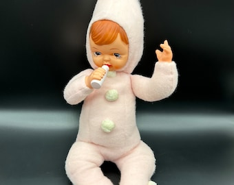 Vintage Rubber Faced Doll Plush Baby Bottle Pixie Hat Pink