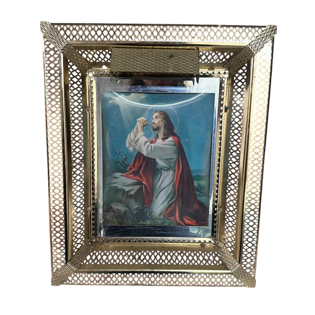 Vintage Jesus Lenticular Picture Lighted Metal Frame Religious Mid ...