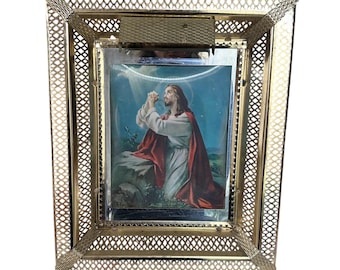 Cuadro lenticular de Jesús vintage con marco de metal iluminado, religioso, mediados de siglo, dorado