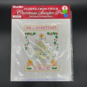 Kit de muestrario navideño de punto de cruz con sello Bucilla 1995 vintage