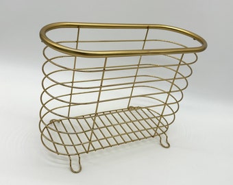 Vintage Wire Basket Magazine Rack Holder Gold Toned Modern Storage Container