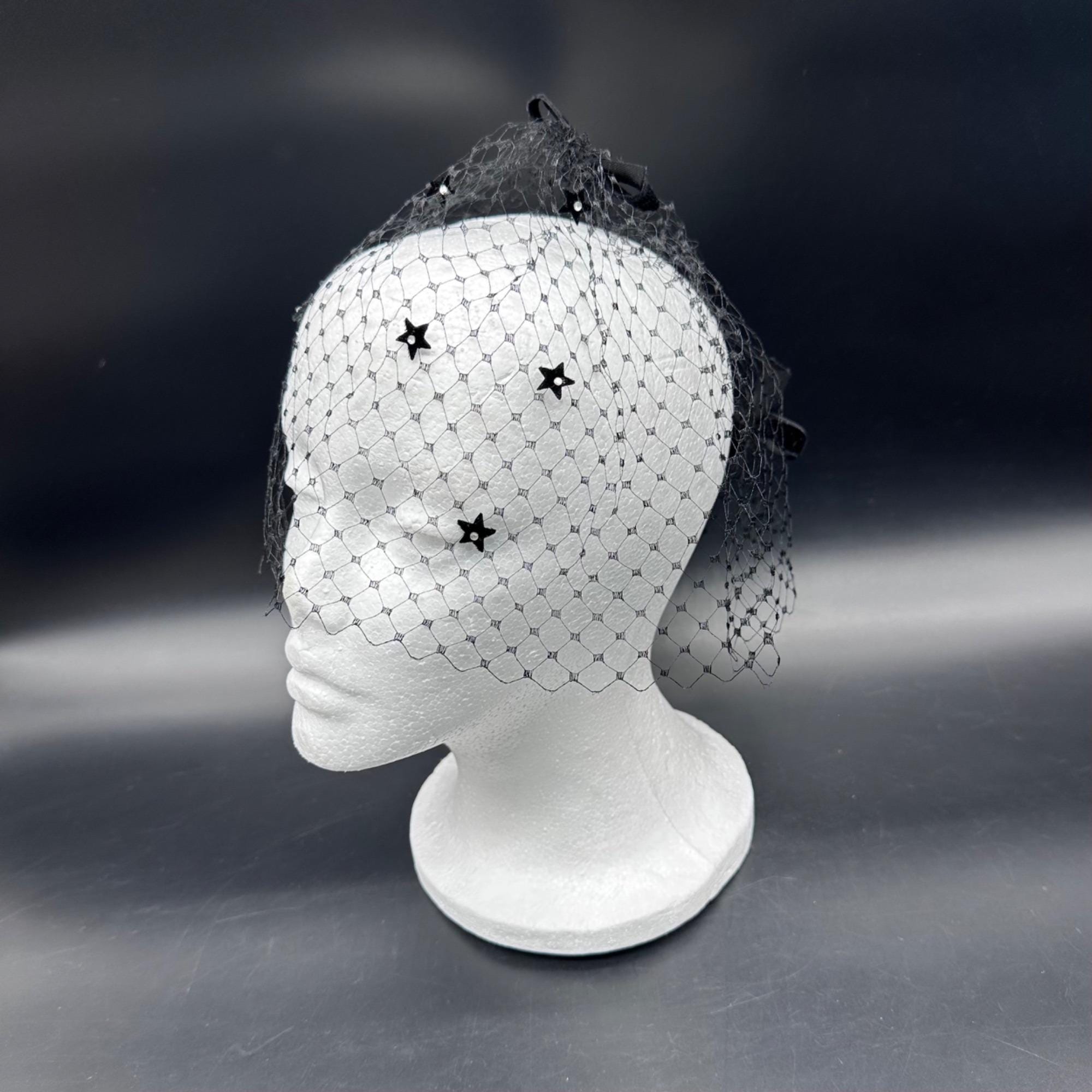 Vintage Black Veil Stars Bows Mid Century Headpiece Costume Accessory Retro Chic