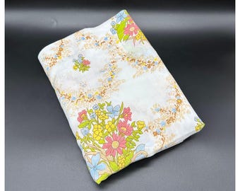 Vintage Twin Flat Sheet 1970s Daisy Flower Cottagecore Fabric Pink Blue Yellow