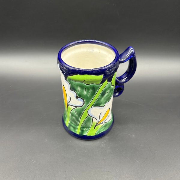Mexican Pottery Mug Cup Blue White Flowers Signed