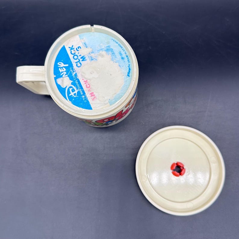Puede incluir: Una taza de Disney de pl&aacute;stico blanco vintage con asa, con un dise&ntilde;o floral colorido y una etiqueta azul y blanca. La tapa est&aacute; quitada, revelando un centro rojo. La taza es probablemente de los a&ntilde;os 70 u 80.