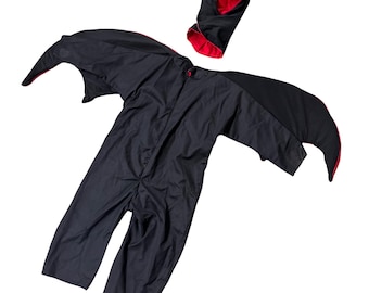Vintage Kids Bat Costume 1970s Halloween Handmade Black Red Small/Medium READ