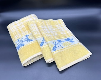 Vintage Yellow Floral Checkered Towel Set Blue White Flowers Cottage Santens USA