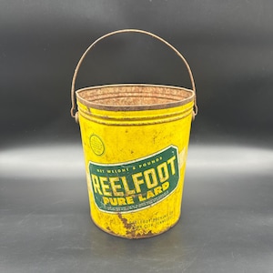 Vintage Reelfoot Pure Lard Bucket Yellow Tin Can Rustic Farmhouse Kitchen Yellow Green Metal