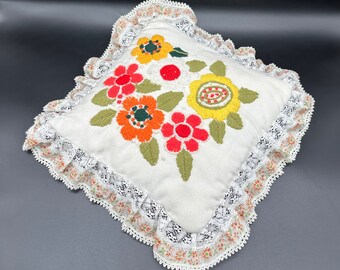 Vintage Throw Pillow Crewel Embroidery Flowers Decorative Lace Pink Orange Yellow