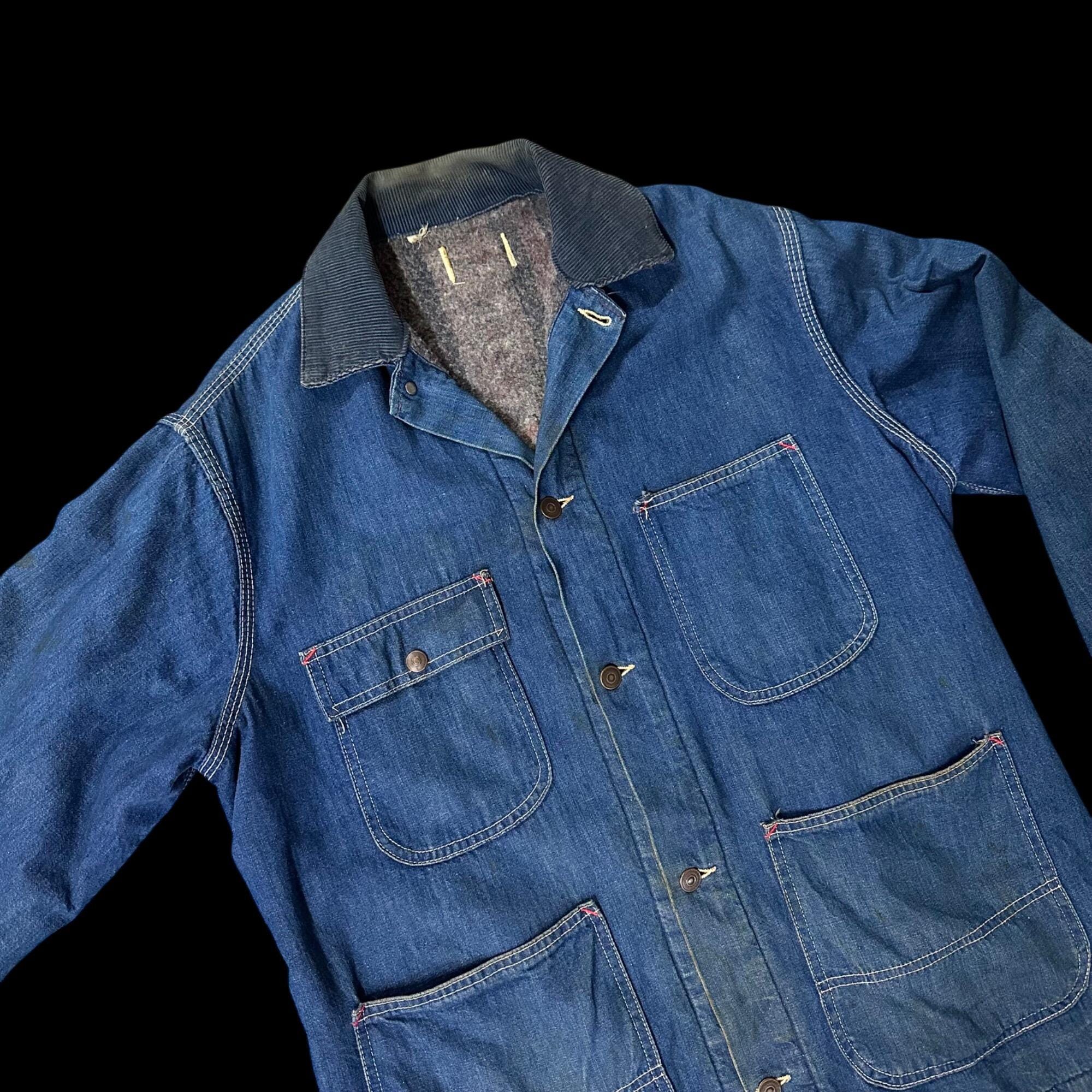 Vintage Denim Barn Chore Jacket Coat Corduroy Collar Flannel