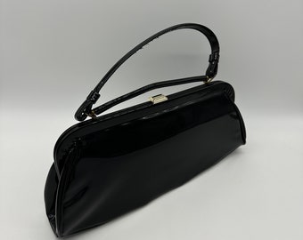 Vintage Purse Black Patent Leather Lassy USA Glam 1960s Retro Evening Formal