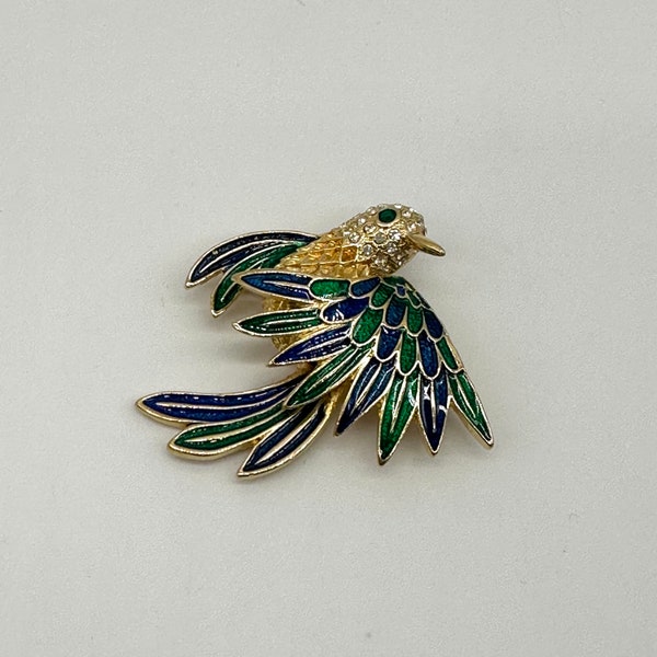 Vintage Brooch Pin Hummingbird Blue Green Enamel 14 K Gold Filled Lindenwold