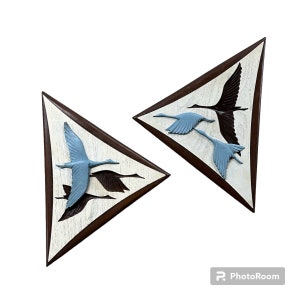 Vintage Wall Hanging 1970s Burwood Blue Geese Birds Brown Decor Wood Plastic USA