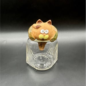 May include: A clear glass jar with a decorative stopper. The stopper is a ceramic cat with brown, green, and yellow accents. The jar has a square shape with vertical ridges.