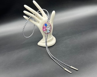 Corbata bolo vintage rosa, azul, transparente, con gemas de plástico, cordón trenzado y ajustable, estilo western.