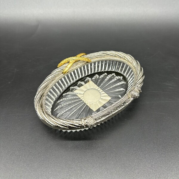 Vintage Soap Dish Trinket Tray Stylebuilt USA Glass Metal Oval Glam Rope Starburst